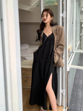 Mqtime Spring Summer New Suspender Dress Women's Long V-neck Split Dress Fashion Casual Long Beach Dress