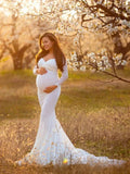  MQTIME  -  Pregnant Lace Dress for Photography White Maternity Gown for Photoshoot Ground Length Baby Shower Dress Baby Bump Shooting