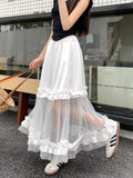 MQTIME  - White Tulle Tiered Maxi Skirts Lace Long Skirt for Women Bandage A-line Dress Coquette Summer Korean Fashion Clothing
