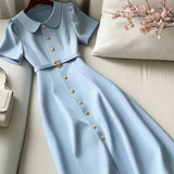 MQTIME  -  Solid Color A-Line Party Dress Summer New Women Peter Pan Collar Golden Single Breasted Slim Office Lady Midi Vestido Robe 837P