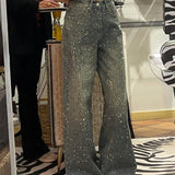 MQTIME  -  Retro Design Hot Diamond Jeans Women's Summer Starry Heavy Industry Spicy Girl Wide Leg Pants