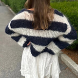 MQTIME  -  Women Autumn Winter Loose Fit Knitwear Jumpers Vintage Striped Fuzzy Knitted Sweater Casual Boat Neck Long Sleeve Pullover Tops