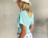 MQTIME  -  Solid Hollow Out Lace Up T-shirt Women Front Flutter Sleeve Fitted Waist Curved Hem Casual Tops Summer Daily Street Blouses
