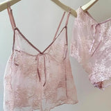 MQTIME  -  Summer Women Lace Pajama Sets Sexy Perspective Sleepwear Sleeveless Camisole+Shorts Thin Femlae See Through Home Clothing Suits