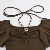  MQTIME  -  American Vintage Solid Beading Halter Short Sleeve All Match Slim-waist Top Female