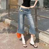 MQTIME  -  Vintage Blue American Bootcut Capri Pants Women's Clothing Denim Pants Summer New Thin Wash Stylish Low Waist Button Basic Jeans
