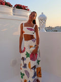 MQTIME  -  Printed Letter Vest Top Skirt Sets Women 2 Pieces Sleeveless Backless Short Tank A-line High Waist Long Skirts 2025 Summer Chic