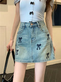 MQTIME  -  Retro Bow Embroidery Denim Mini Skirt Washed Make Old Summer High Waiste A-line Skirt Korean Fashion Cutecore Clothing