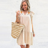 MQTIME  -  Cotton Boho Dress V Neck Petal Sleeve Embroidery Hippie Midi Dress Holiday Style Loose Fit Vestidos Ethnic Dresses
