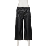  MQTIME  -  Women's Black Faux Leather Wide Leg Culotte Pants Low Waisted With Drawstring Punk Loose Fit Autumn Winter Streetwear Style Chic