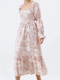  MQTIME  -  Woman Vintage Floral Dress Puff Long Sleeve Off Shoulder Ruffle Long Dress Spring Fall Casual Vintage Bohemian Dresses