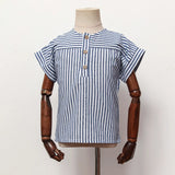  MQTIME  -  Children's Cotton Linen Striped Short-Sleeved T-Shirt Summer New Boys And Girls Round Neck Buttons Daily Casual Tops