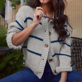  MQTIME  -  Long Sleeve Sweater Women's Fall-Winter New Fashion Striped Loose Knit Cardigan Jacket Top