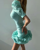 MQTIME  -  Chic Pleated Mint Aqua Short Prom Gown 2024 Party Dresses with Buttons Slim Women Formal Occasion Dress Vestidos de fiesta