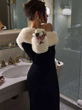  MQTIME  -  Furry Patchwork Christmas Dress Women Winter Elegant Trend Diagonal Collar Split Hem Full Sleeve Party Club Vestidos