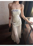 MQTIME  -  Gentle Floral Embroidery Strapless Maxi Dress Summer Slim Bodice Women Sheer Patchwork Vacation Wedding Guest Evening Long Dress
