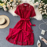 MQTIME  -  Summer New Mid Length Dress Women Dresses A Line Vestidos Hollow Out Round Neck Short Sleeve Single Breasted Elegant High Waist