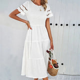 MQTIME  -  Solid Color Midi Dress Round Neck Short Sleeve Pleated A-line Summer Dress Femme Boho Vestidos White Party Dresses