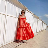 MQTIME  -  Boho Beach Dress Strapless Solid Color Cotton Maxi Dress Loose Fit Ruffled Candy Color Sundress Vacation Vestidos
