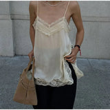 MQTIME  -  Solid Lace Patchwork Sling Tops Lady Casual Sleeveless V Neck Chic Loose Backless Short Vest Summer Vacation Street Wear