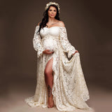  MQTIME  -  Boho Style Lace Maternity Dress Bohemian Photo Shooting Pregnancy Dress Baby Shower Ruffled Split Cut Lace Dress