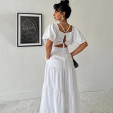 Mqtime Elegant Square Neck New In Dresses For Women Vintage Short Sleeve A-Line Long Dress Backless Office Ladies White Midi Dress