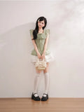  MQTIME  -  Vintage Japanese Square Collar Short Sleeve Solid Lace Patchwork Bow Women Blouse