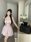 MQTIME  -  Pink Tie Dye Dresses Heavy Industry Diamond Encrusted Neck Dress Women Summer Sleeveless Temperament Short Vestido