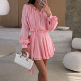MQTIME  -  Women Temperament Lantern Sleeve Cocktail Club Dress Elegant Lady Belt Mini Party Dress 2025 Show Style Solid Color Ruffle Dress