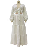 MQTIME  -  2025 Summer Women's White Two Piece Set Casual Fashion Lace Up Long Puff Sleeve Deep V Neck Short Top+Long Skirt 2pcs 