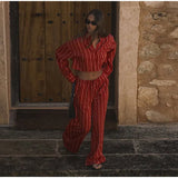 MQTIME  -  Striped Shirts Pants Sets Women 2 Pieces Single Breasted Long Sleeve Lapel Shirt Wide Leg Trousers Suits 2025 Summer Vacation