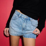 MQTIME  -  Washed Blue Hot Diamond Denim Skirt Women's Fashion Casual Versatile Culottes Women