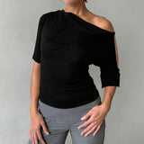  MQTIME  -  Women's Elegant Black Cold Shoulder Top with Draped Neckline Ruched Waist Short Flared Sleeves Casual & Chic Crop Clothes
