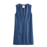 MQTIME  -  2024 Summer New Women's Style Simple and Casual Edition Round Neck Sleeveless Solid Color Combination Denim Dress