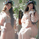 MQTIME  -   Women Elegant French Painting Style Maternity Dress for Photo Shoot Pregnancy Lace Top with Skirt 2pcs Dresses for Photography
