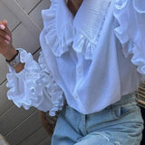 MQTIME  -  Spring Casual Ruffle Doll Collar Shirts Loose Puff Sleeve Single Breasted Blouses 2024 Fashion Long Sleeved Lady Cardigan