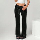 MQTIME  -  Solid Color Velvet Pants Casual Slim Flared Pants For Woman Autumn Women's Pants High Waist Drawstring Trousers Female Clothing
