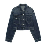  MQTIME  -  Women Dark Blue Denim Coat Heart Pattern Outerwear Long Sleeve Single Breasted Jacket Spring Female Chic Top Coats