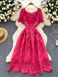 MQTIME  -  Summer Elegant Hollow Out Embroidery Lace Long Dresses Women Holiday Short Sleeve Flower Retro Evening Party Female Vestidos