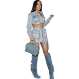 MQTIME  -  Women Jeans Cargo Two Piece Set Turn Down Collar Long Sleeve Single Breasted Crop Jackets Top Pockets Belt Mini Skirts Suits