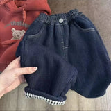 MQTIME  -  Kids Boys Jeans New Winter Solid Color Plus Fleece Toddler Kids Girls Harem Pant New Winter Plaid Little Boys Demin Pant