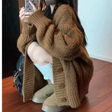 MQTIME  -  Women's Knitting Sweater Autumn Winter White Brown Thick Brown Knit Cardigan Loose Knit Retro Outerwear Sweater