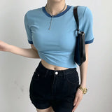 MQTIME  - Women Korean Fashion Patchwork Skinny Elastic Summer Short Tops Blue Casual O-neck Short Sleeve T-shirts Female Tees Streetwear