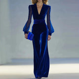 MQTIME  -  Fashion V-neck Velvet Wide Leg Jumpsuits Elegant High Waist See-through Sleeve Party Playsuits Temperament Lady Casual Rompers