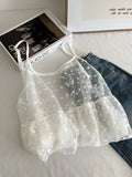  MQTIME  -  Sweet Flower Hollow Out Gauze Solid Sheer Loose All Match Summer Tanks