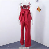  MQTIME  -  Orange Drawstring Women Wide Leg Pants Suit Elegant Sleeveless Ruffles Pleated Hem Sling Tops Lady Two Piece Set Street Outfits