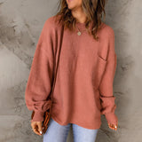MQTIME  -  Rust Red Sweaters Round Neck Long-sleeved Jumpers Solid Color Oversized Sweaters Boho Style Femme Pullovers Mujer