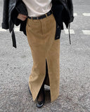 MQTIME  -  Fall Winter Vintage Suede Skirt New Women's Split Brown Long Skirts High Street Office Lady Elegant High Waist Slim Dress
