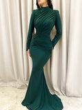  MQTIME  -  Women Ruched Maxi Dress Elegant Irregular Button Half High Collar Simple Evening Birthday Party Stretch Slim Bodycon