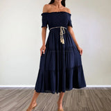 MQTIME  -  Solid Color Off Shoulder Pleated Women's Long Dress Summer Simple Short Sleeved High Waist Dress Beach Hollow Out Loose Dresses